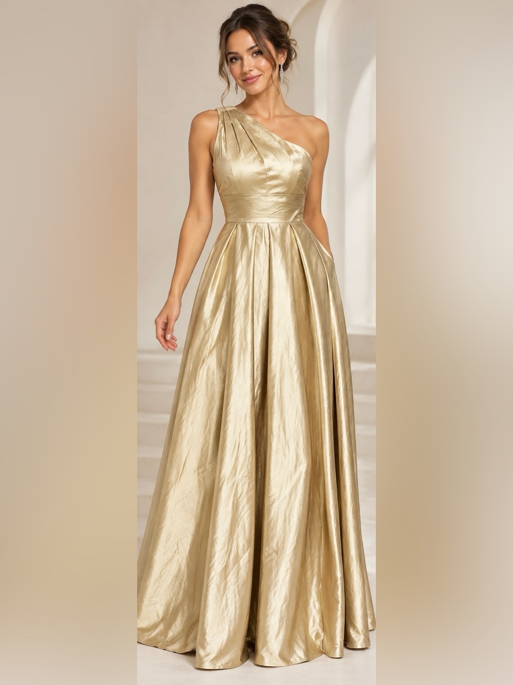 Gold One Shoulder Satin Ball Gown Formal Prom Dress Size 2